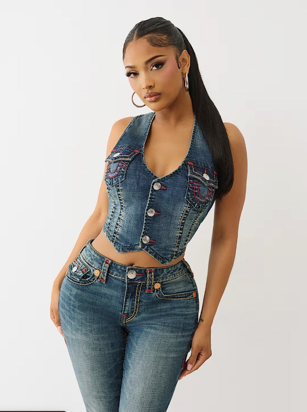 True Religion Super T denim vest displayed on a hanger, featuring classic blue denim with contrast stitching and button details.