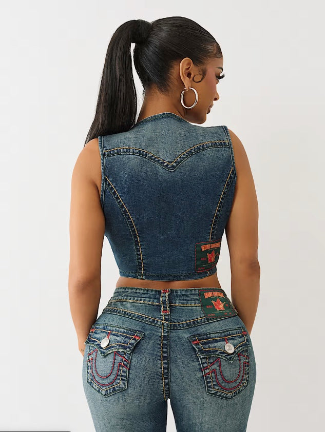True Religion Super T denim vest with button closure and classic design, displayed on a hanger.