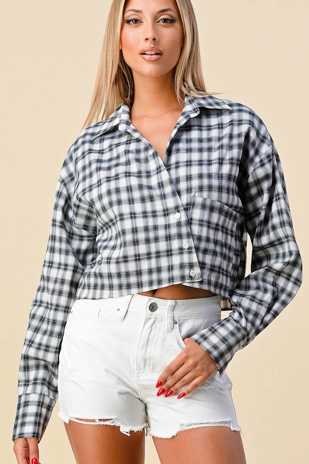 Black and white plaid shirt with collar and asymmetric button front
