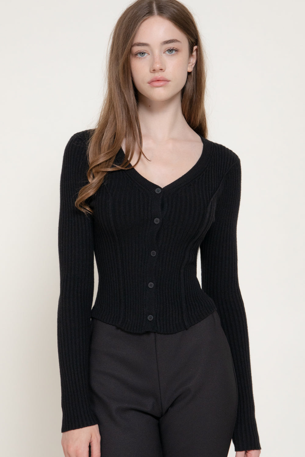 V-Neck Pointed-Hem Cardigan – Black & Heather Taupe - Black