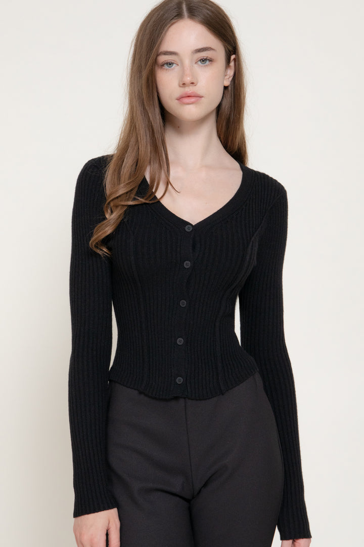 V-Neck Pointed-Hem Cardigan – Black & Heather Taupe - Black
