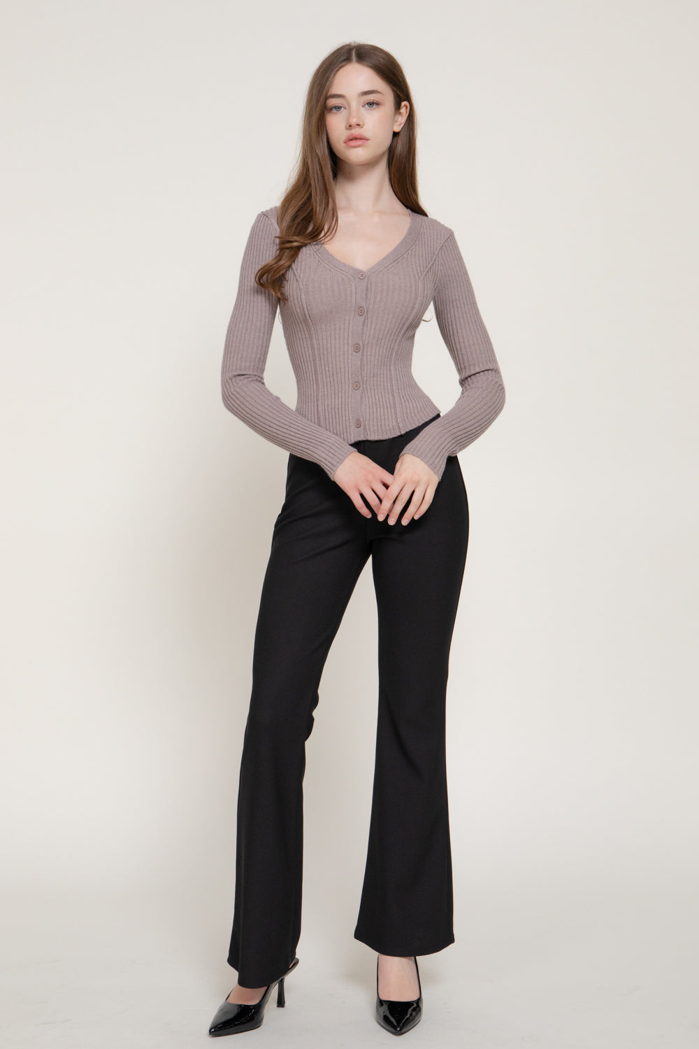 V-Neck Pointed-Hem Cardigan – Black & Heather Taupe – Heather Taupe – View 5