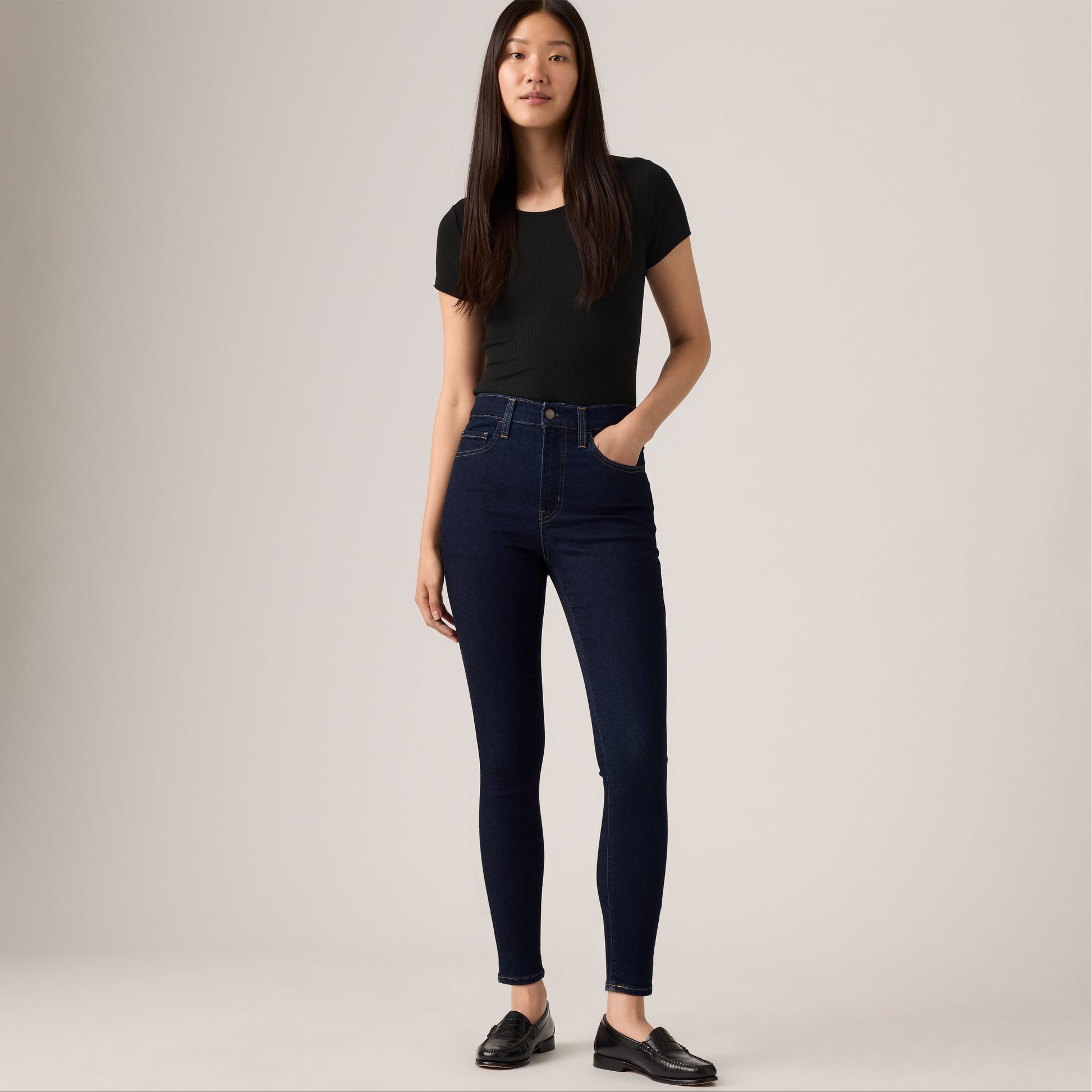 Bella Moda Latina 720 high rise super skinny women's jeans, dark denim with front and back pockets, close-up view of fit and style.