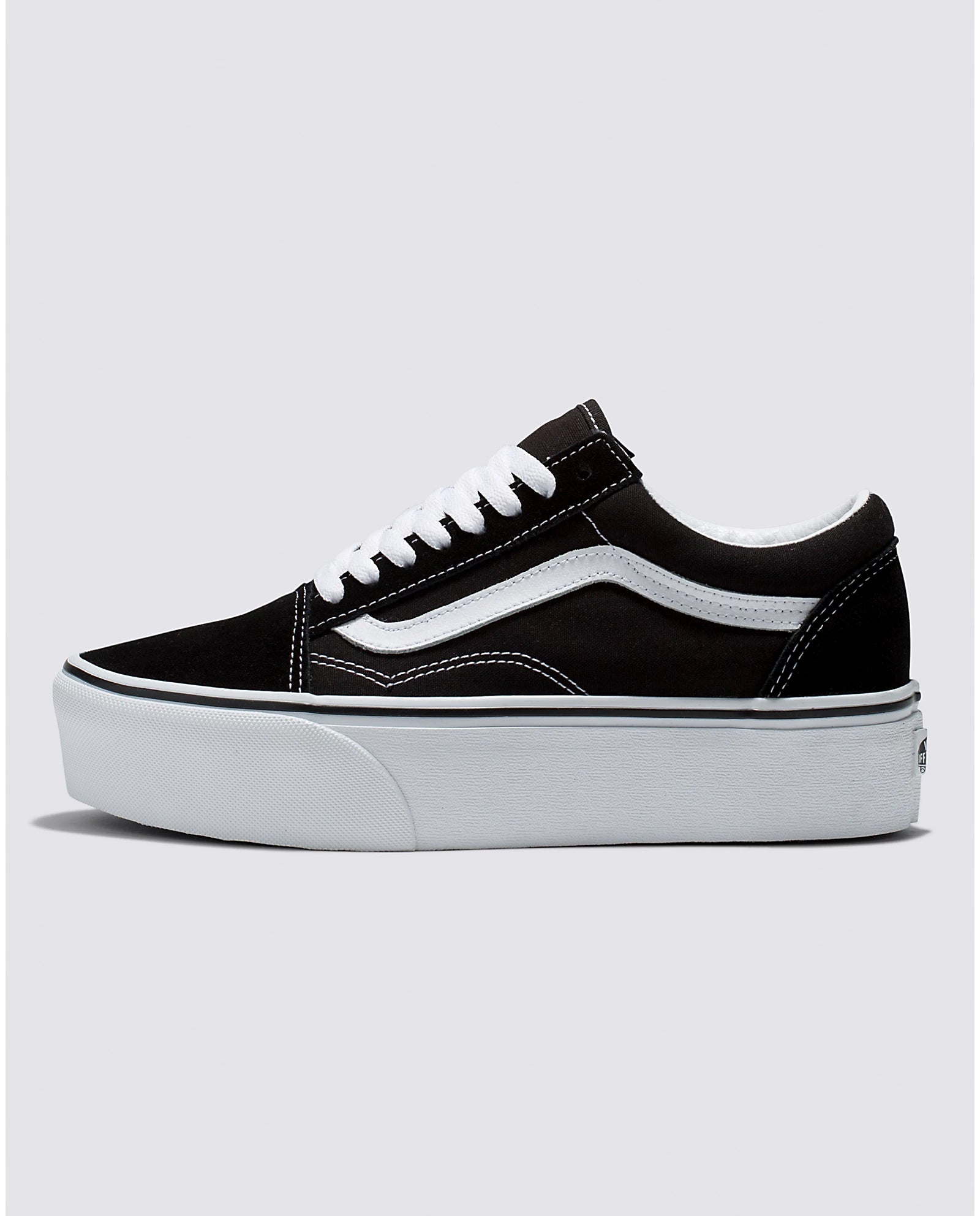 Bella Moda Latina Old Skool Stackform sneakers with white and black color blocking, showcasing stylish casual footwear.