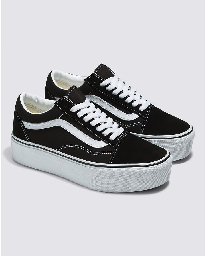 Bella Moda Latina Old Skool Stackform sneakers with black and white design showing stylish side view