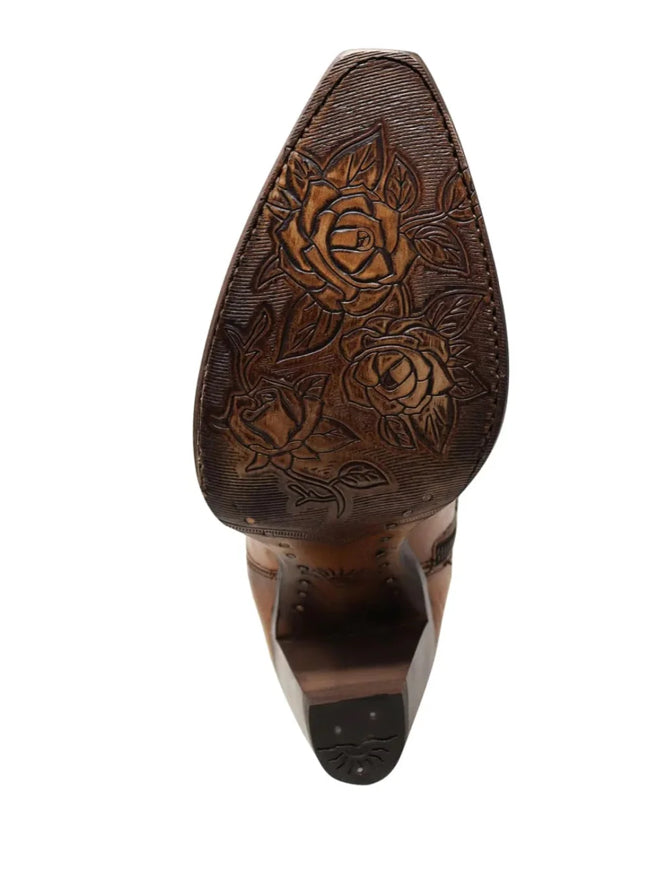 Bella Moda Latina Legado Rio Grande Hanna dress with vibrant floral pattern and flowing fabric, displayed on a hanger.
