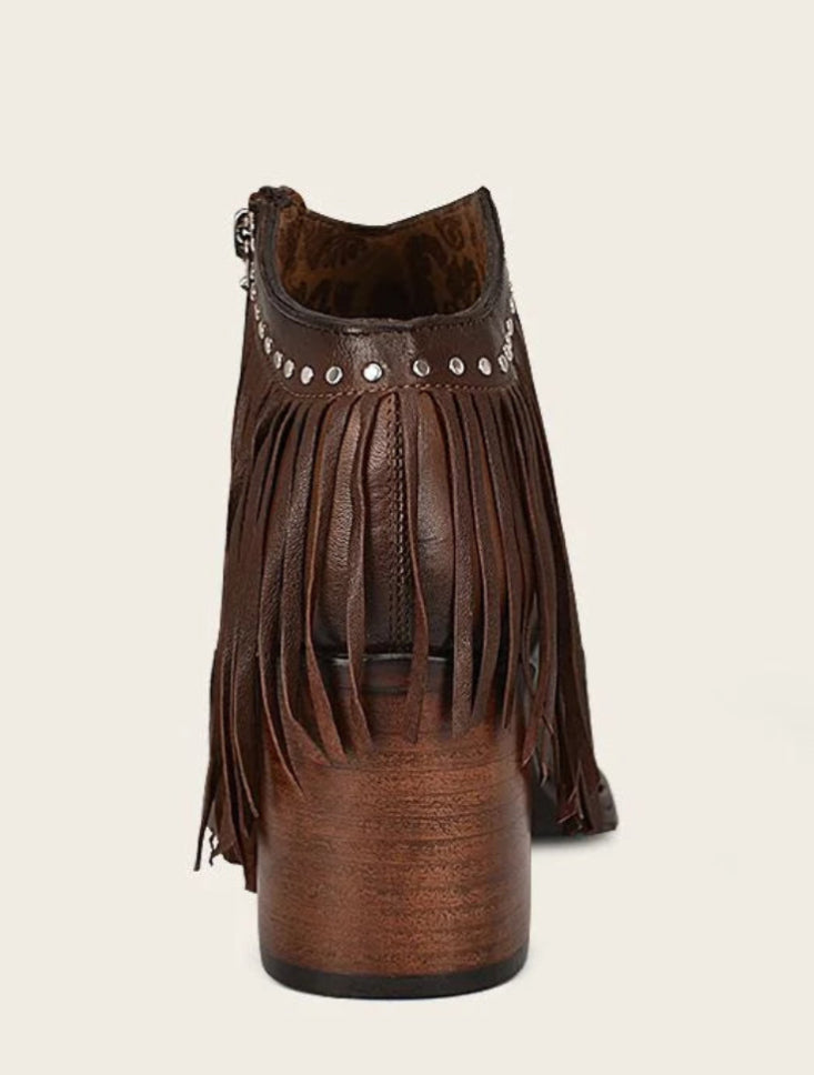 Bella Moda Latina LD chocolate pointed toe shoes with zipper, studs, fringe, and decorative accents on the front.
