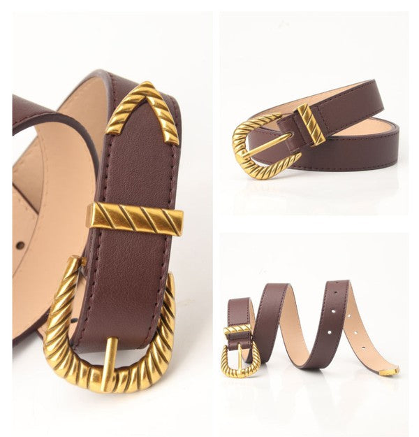 Classic Western Carved Buckle Belt - Faux Leather (One Size)