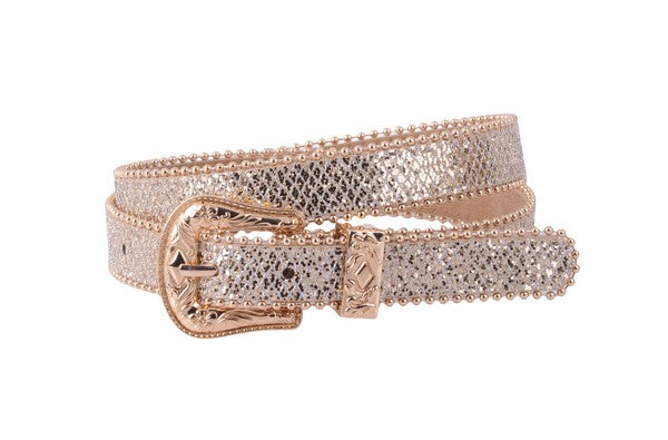 Sparkly Belt with Gold Western Buckle - Vella Moda