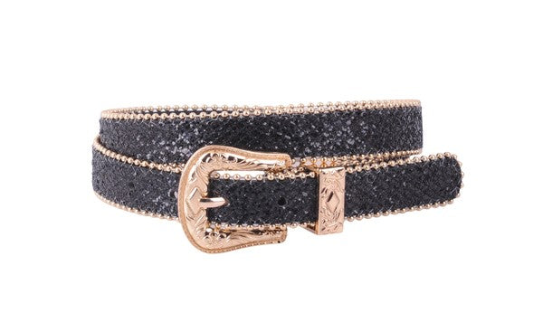 Sparkly Belt with Gold Western Buckle - Vella Moda