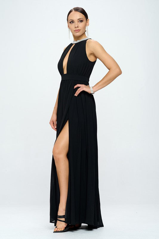 Rhinestoned Halter Neck Belted Slit Maxi Dress