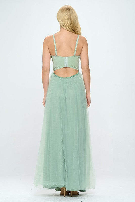 Rhinestone Bustier Layered Tulle Maxi Dress