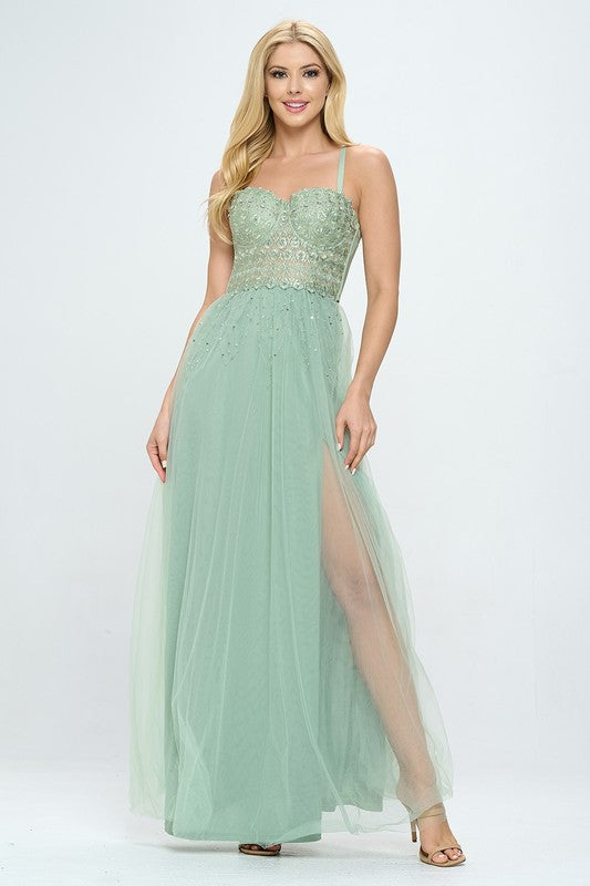 Rhinestone Bustier Layered Tulle Maxi Dress