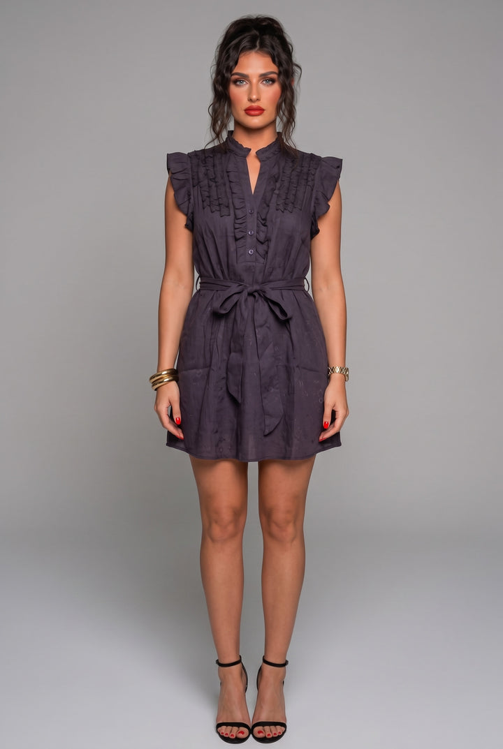 Ruffle Trim Tie-Waist Mini Dress