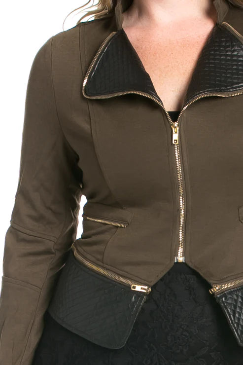 QUILTED PU DETAIL ZIPPER TRIM JACKET PLUS