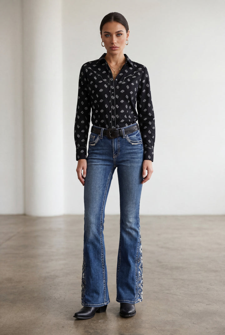 Embroidered Side Panel Flare Jeans
