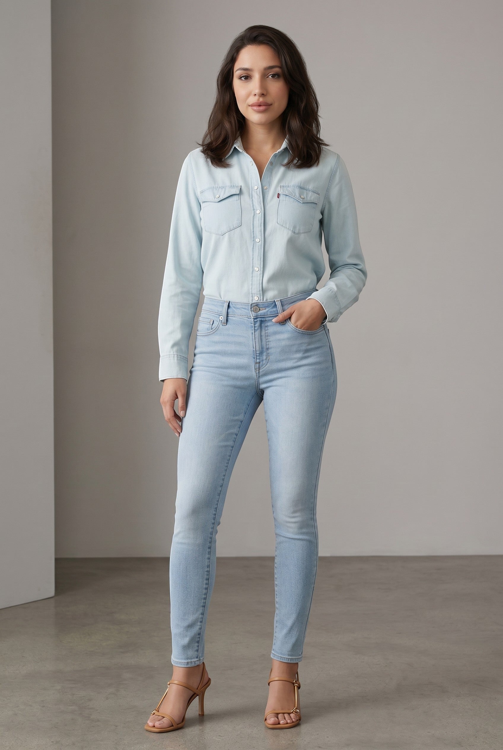 Vella Moda model wearing Levi's 711 light wash skinny jeans and a matching denim shirt with strappy heeled sandals
