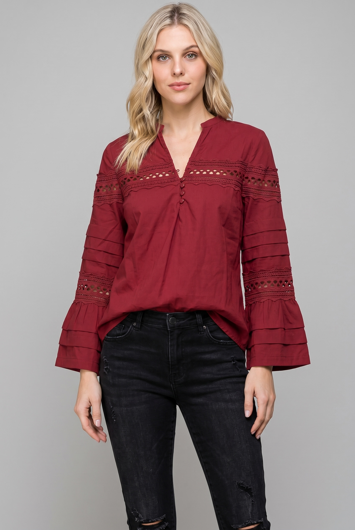 Lace Detail Bell Sleeve Blouse – Button Front V-Neck Top