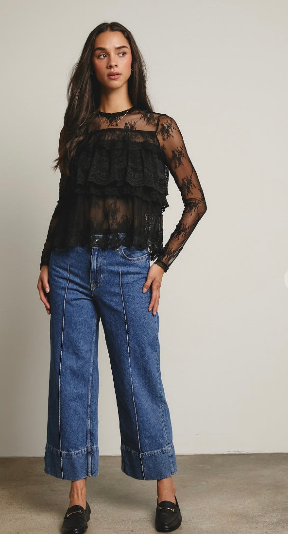 Elegant lace ruffle layering blouse by Bella Moda Latina featuring delicate lace details and feminine ruffle accents.