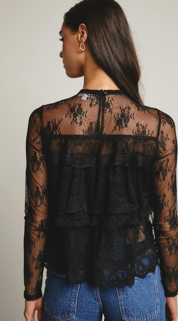 Bella Moda Latina lace ruffle layering blouse featuring delicate ruffles and sheer fabric in a stylish, feminine design.