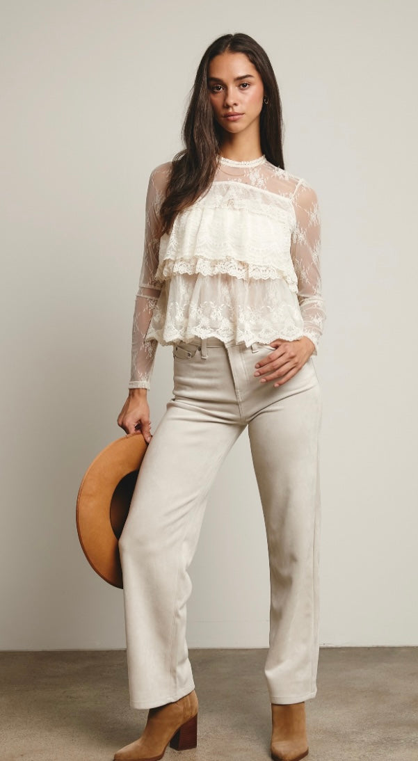 Bella Moda Latina lace ruffle layering blouse with intricate lace details and feminine ruffle accents, front view.