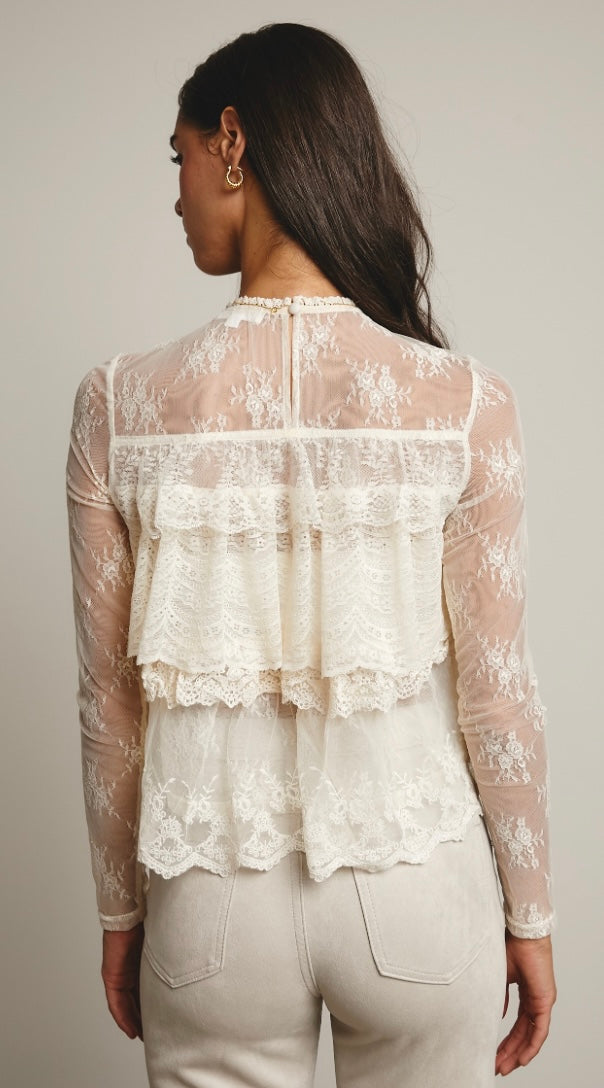Lace ruffle layering blouse by Bella Moda Latina featuring delicate lace details and feminine ruffle accents.