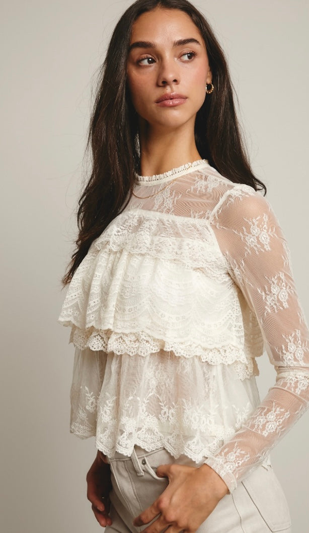 Lace ruffle layering blouse by Bella Moda Latina featuring delicate lace details and flowing fabric.