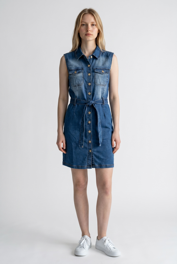 Denim Button Front Belted Mini Dress – Sleeveless Casual Jean Dress