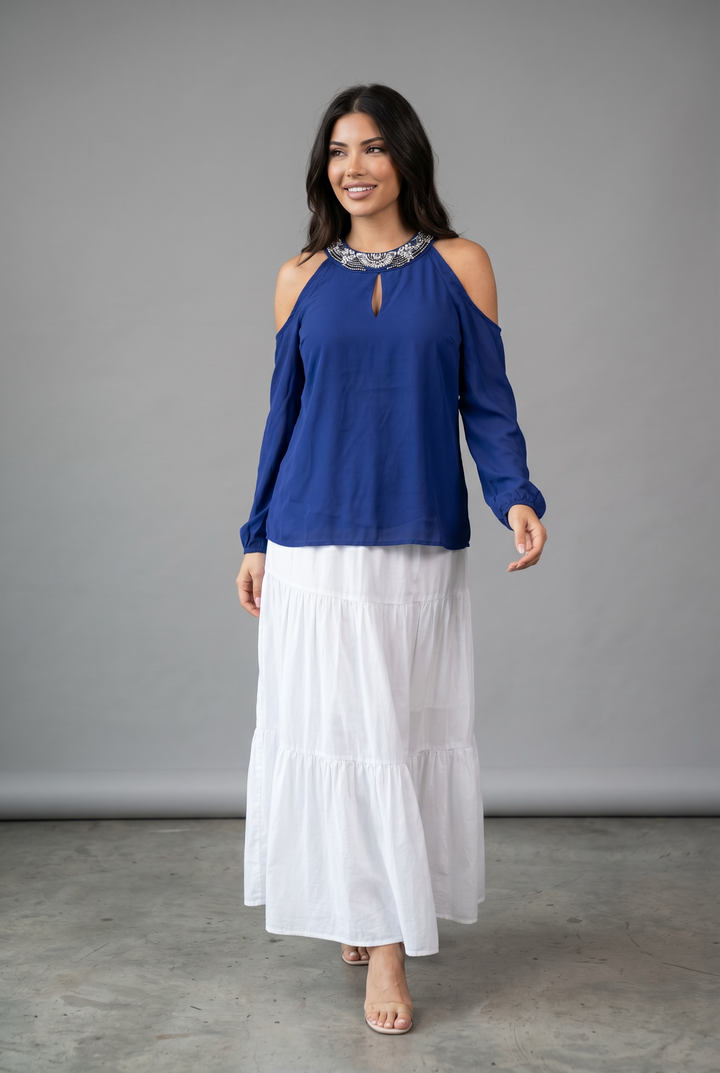 Royal Blue Embellished Cold Shoulder Blouse