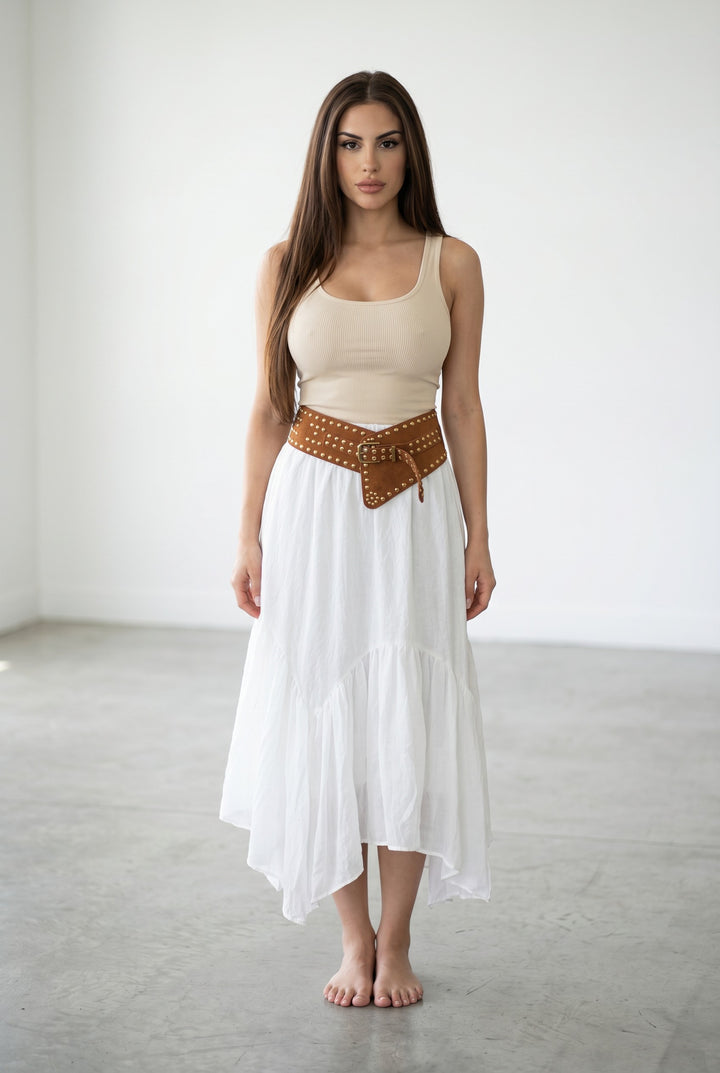 Studded Belted Handkerchief Midi Skirt