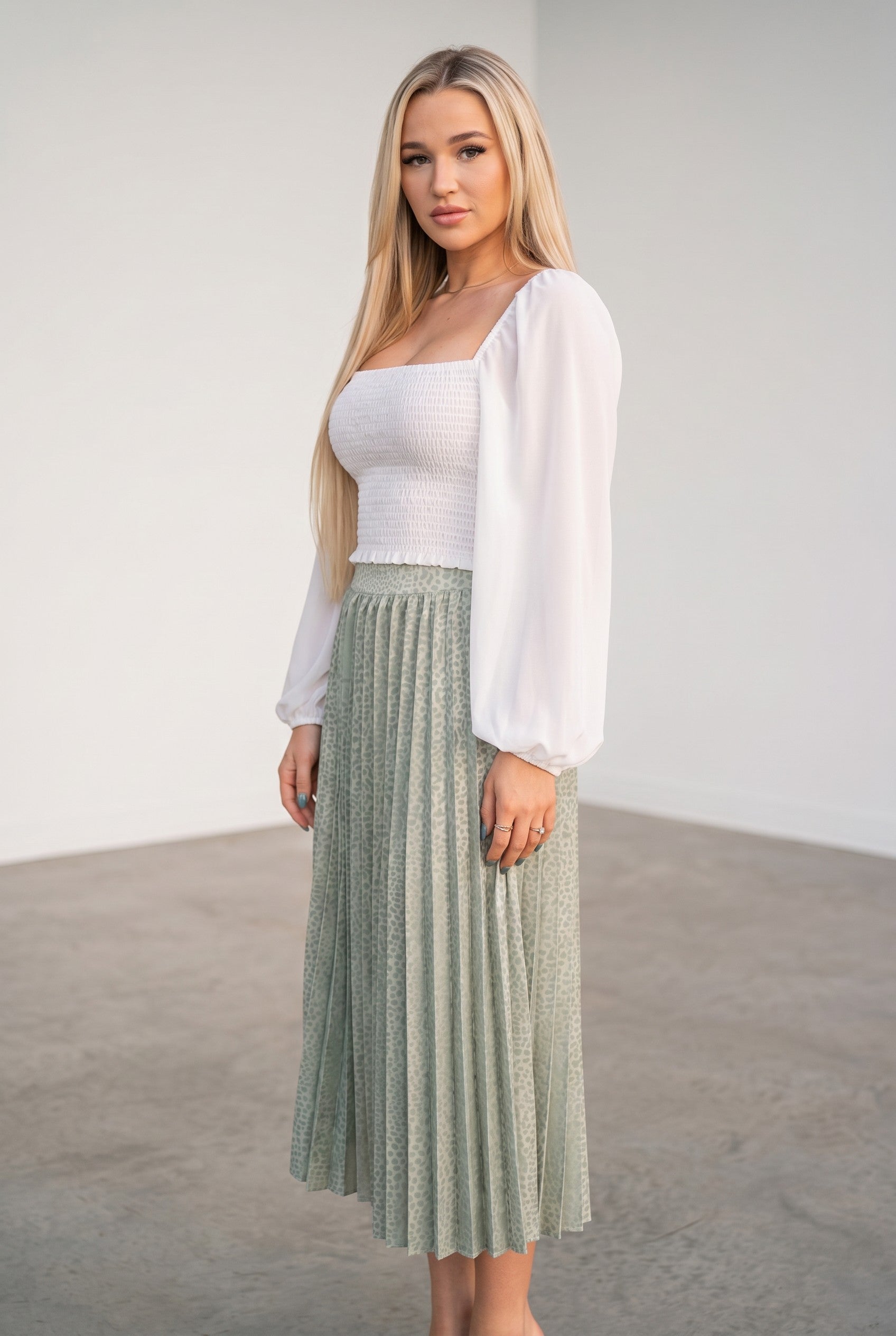 Sage Satin Pleated Midi Skirt