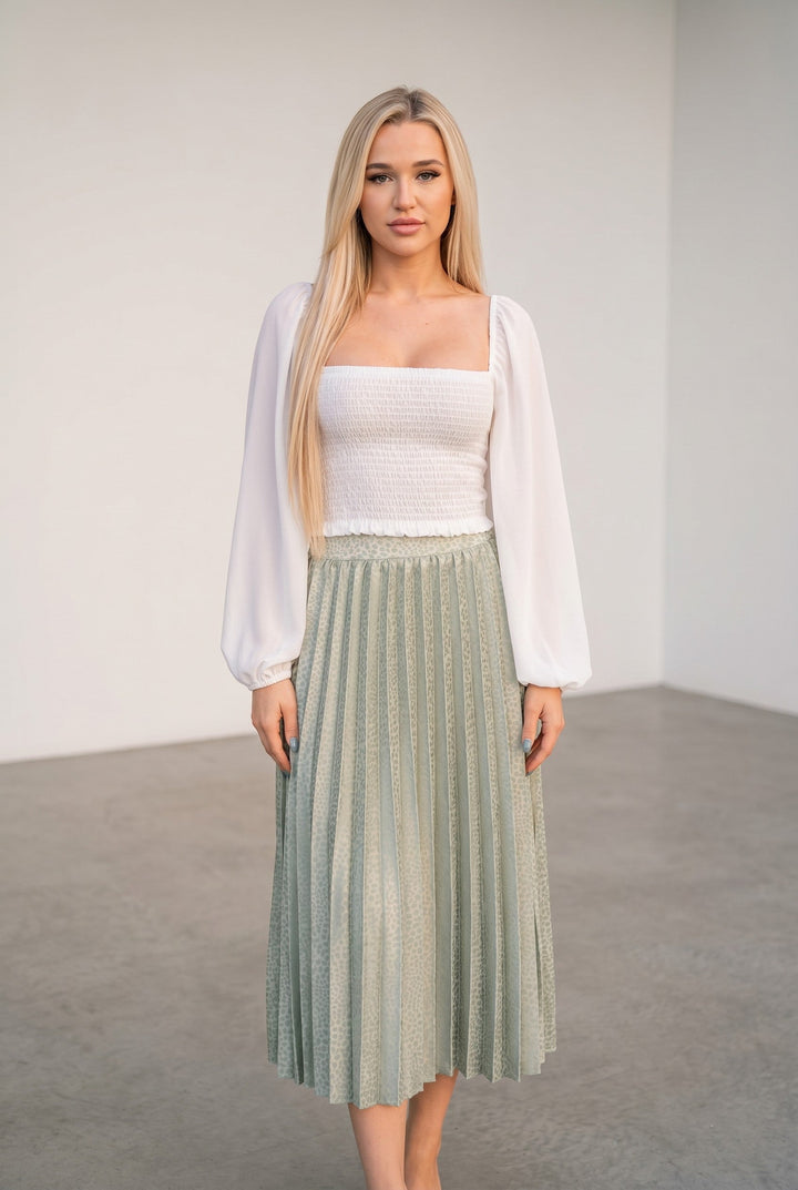 Sage Satin Pleated Midi Skirt