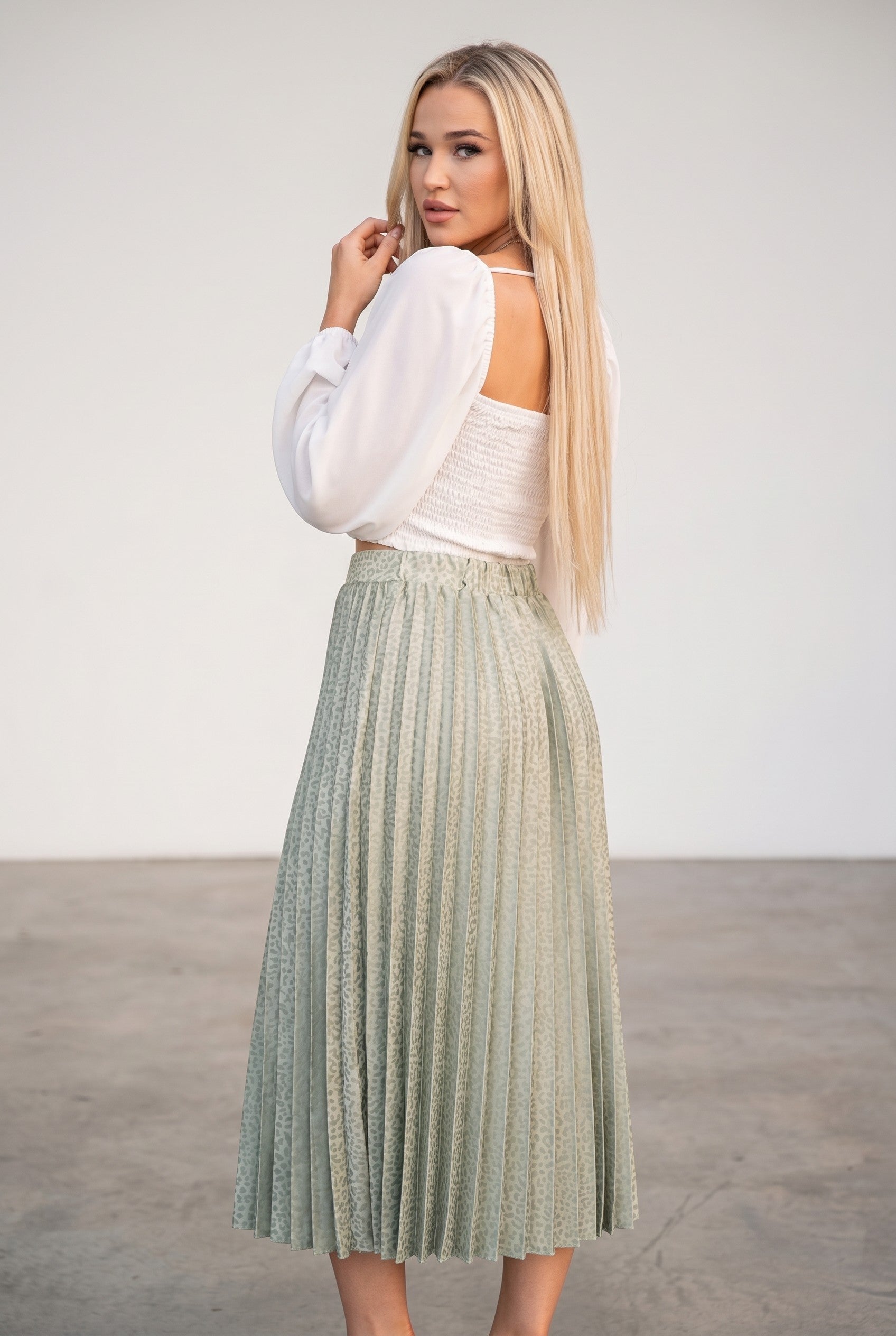 Sage Satin Pleated Midi Skirt