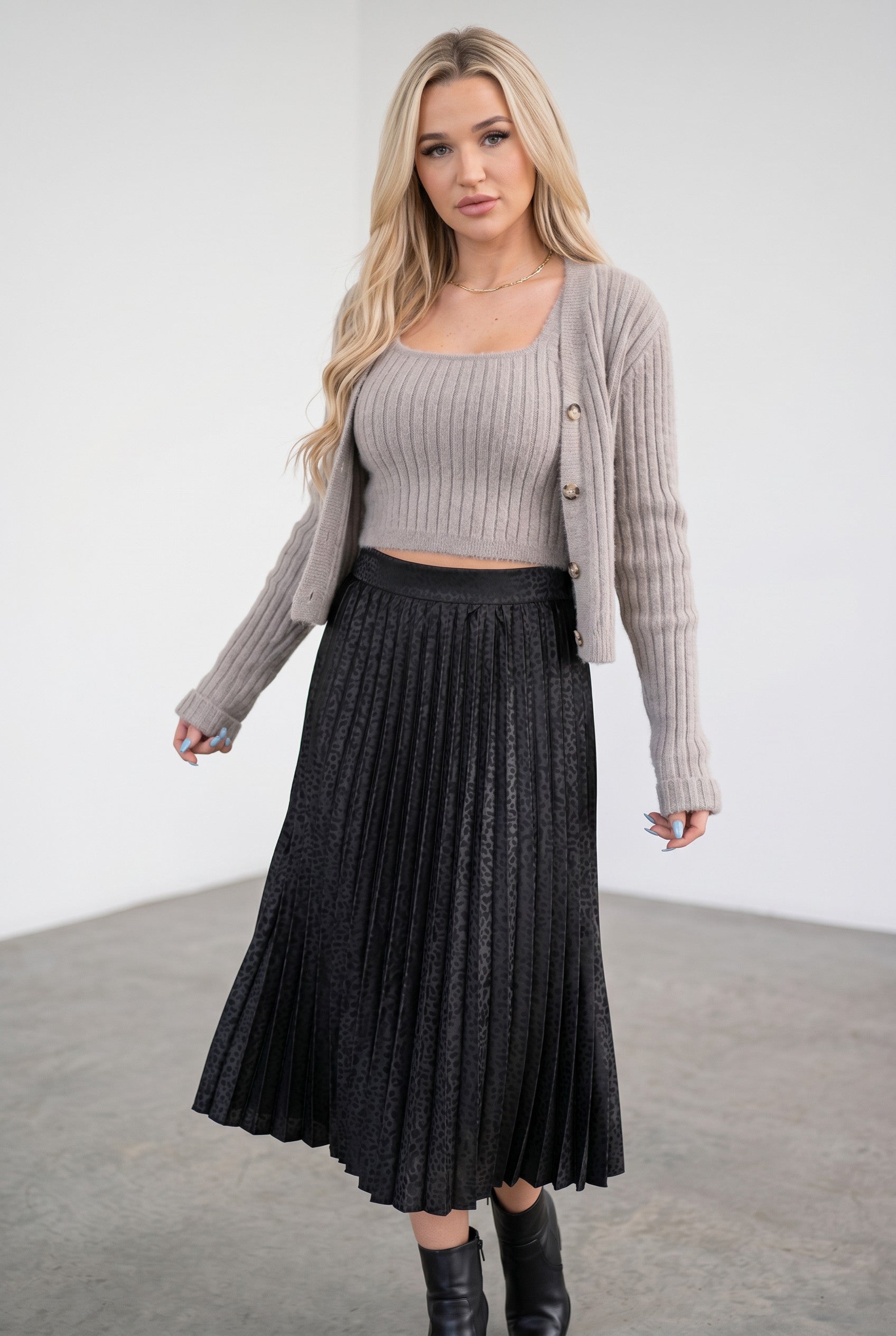 Leopard Satin Pleated Midi Skirt