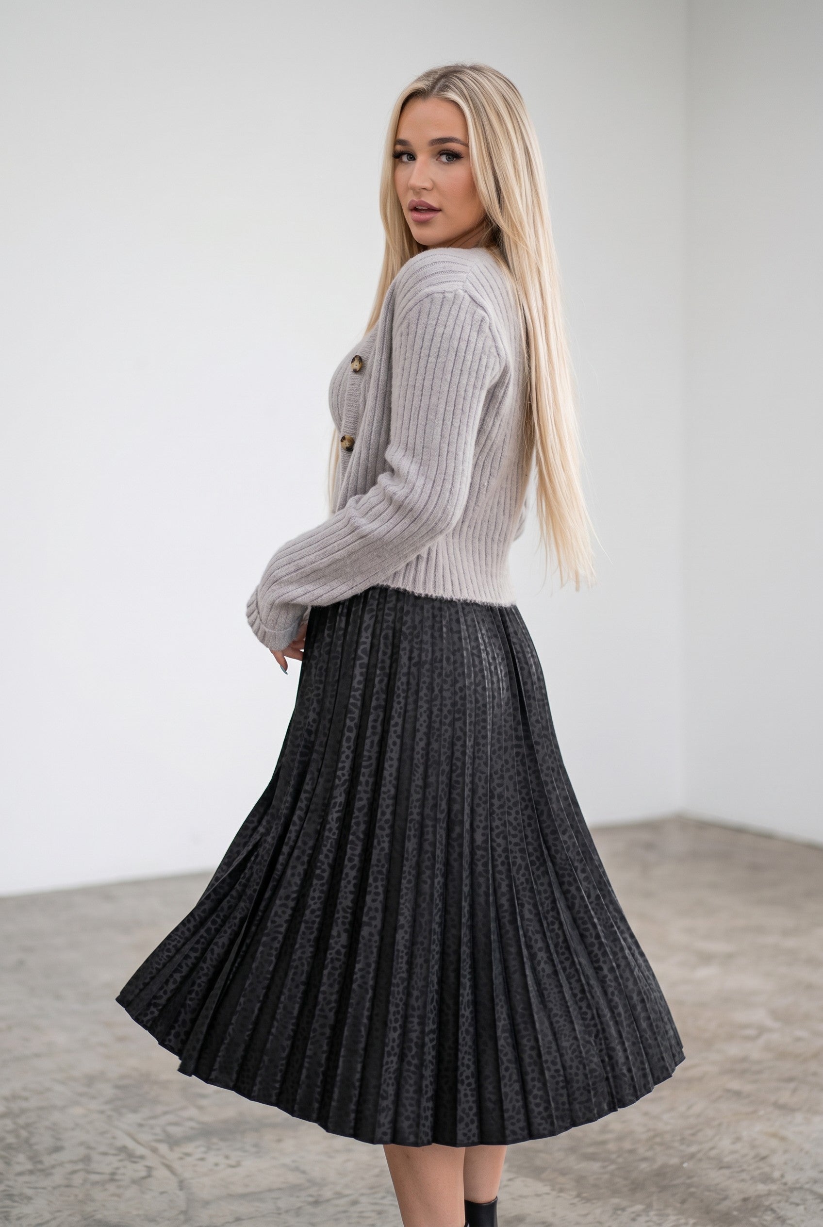 Leopard Satin Pleated Midi Skirt