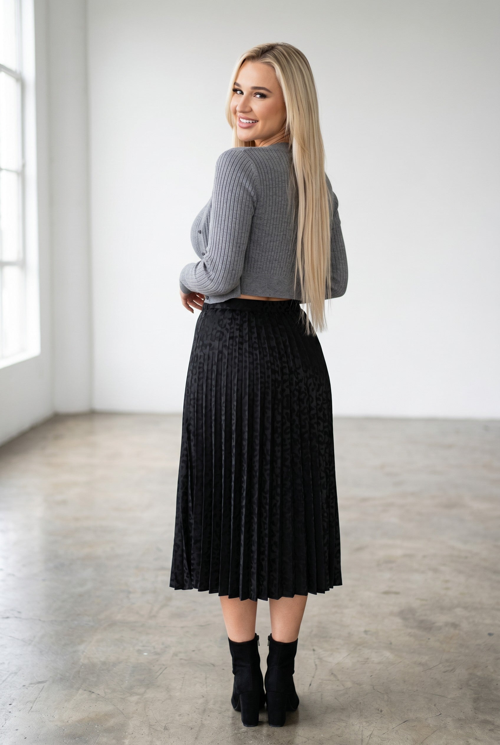 Leopard Satin Pleated Midi Skirt
