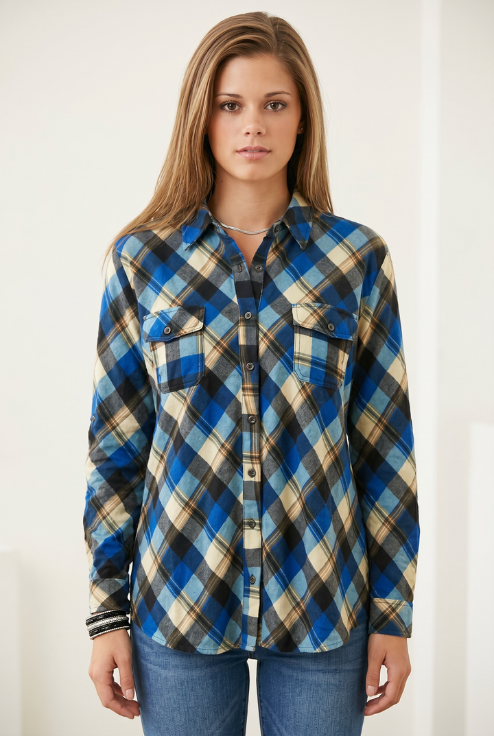 Blue Plaid Button-Up Flannel Shirt