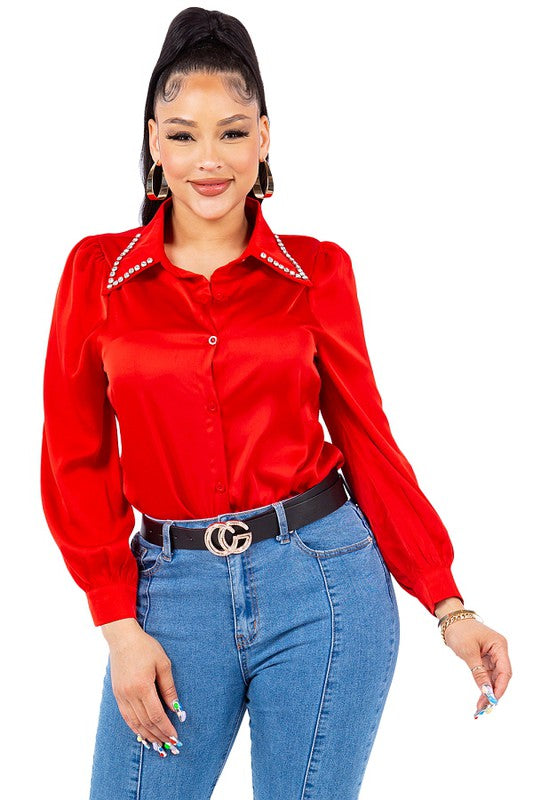 Diamond Collared Button Down Shirt - Vella Moda