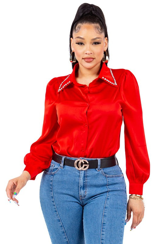 Diamond Collared Button Down Shirt - Vella Moda