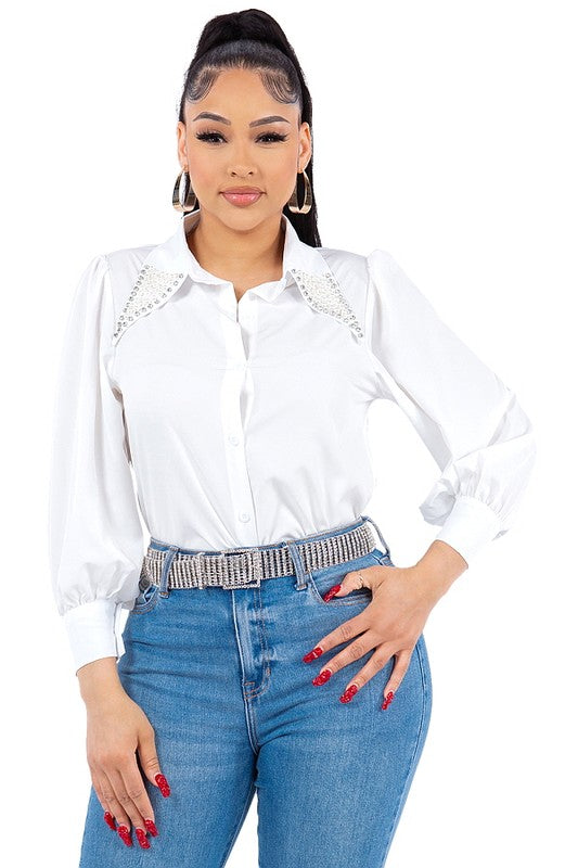 Pearl Collared Button Down Shirt - Vella Moda