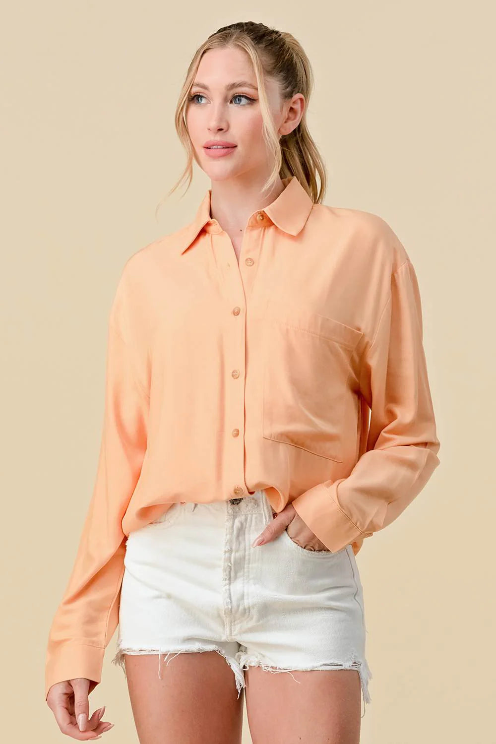 Bella Moda Latina basic collared button-down long sleeve shirt, casual tops with a classic collar and button closure.