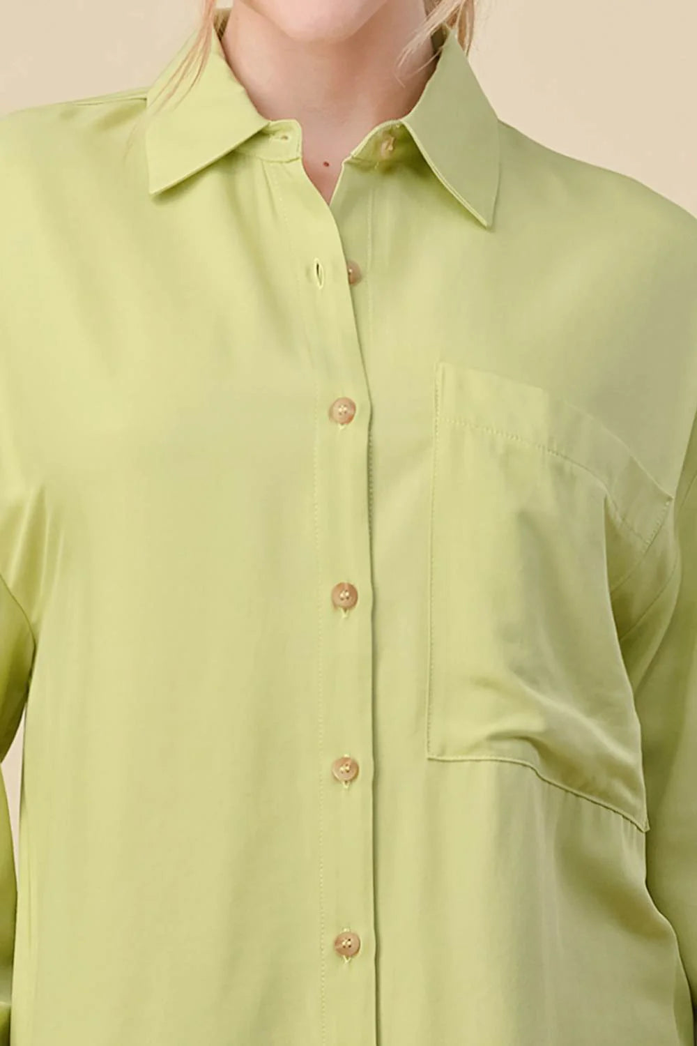 Bella Moda Latina long sleeve collared button-down shirt, casual tops with a classic collar and button front, in a neutral color.