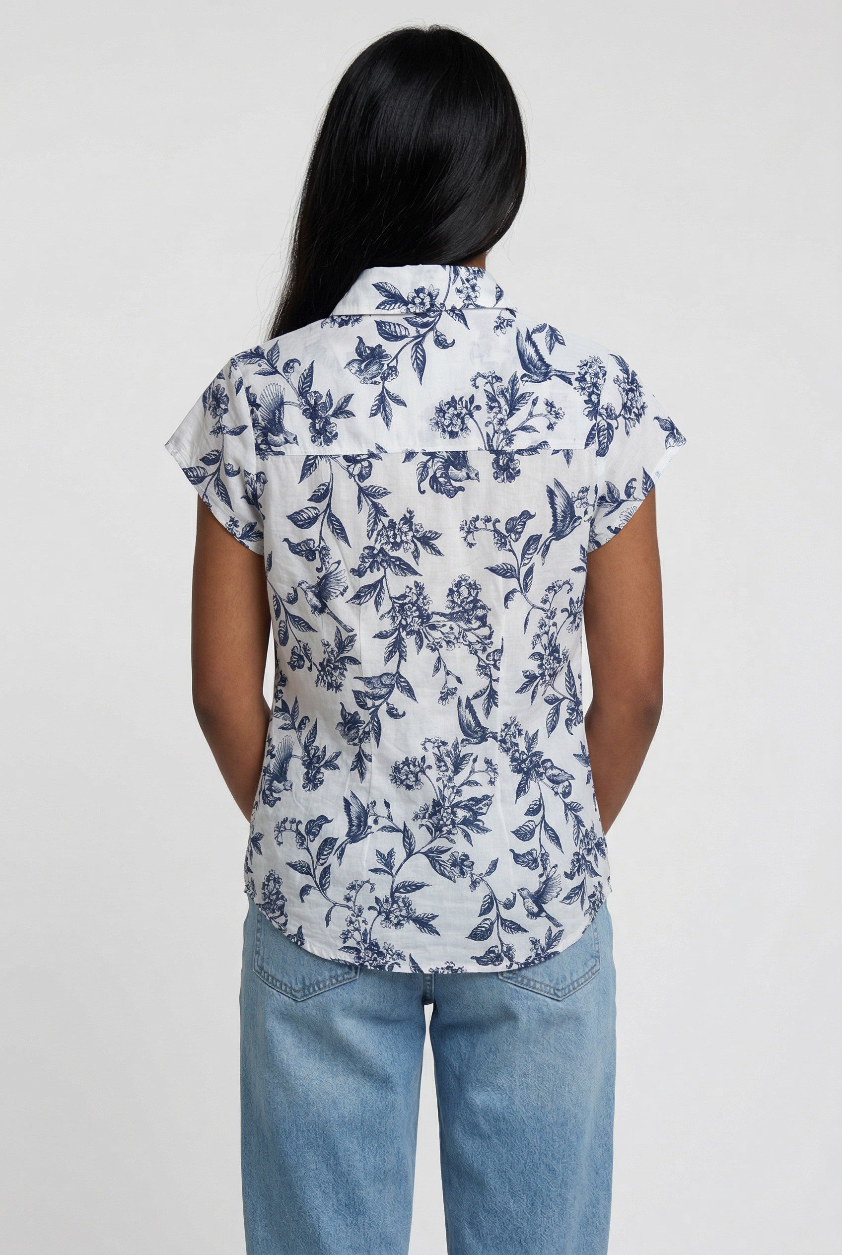 Blue Floral Button-Up Cap Sleeve Blouse