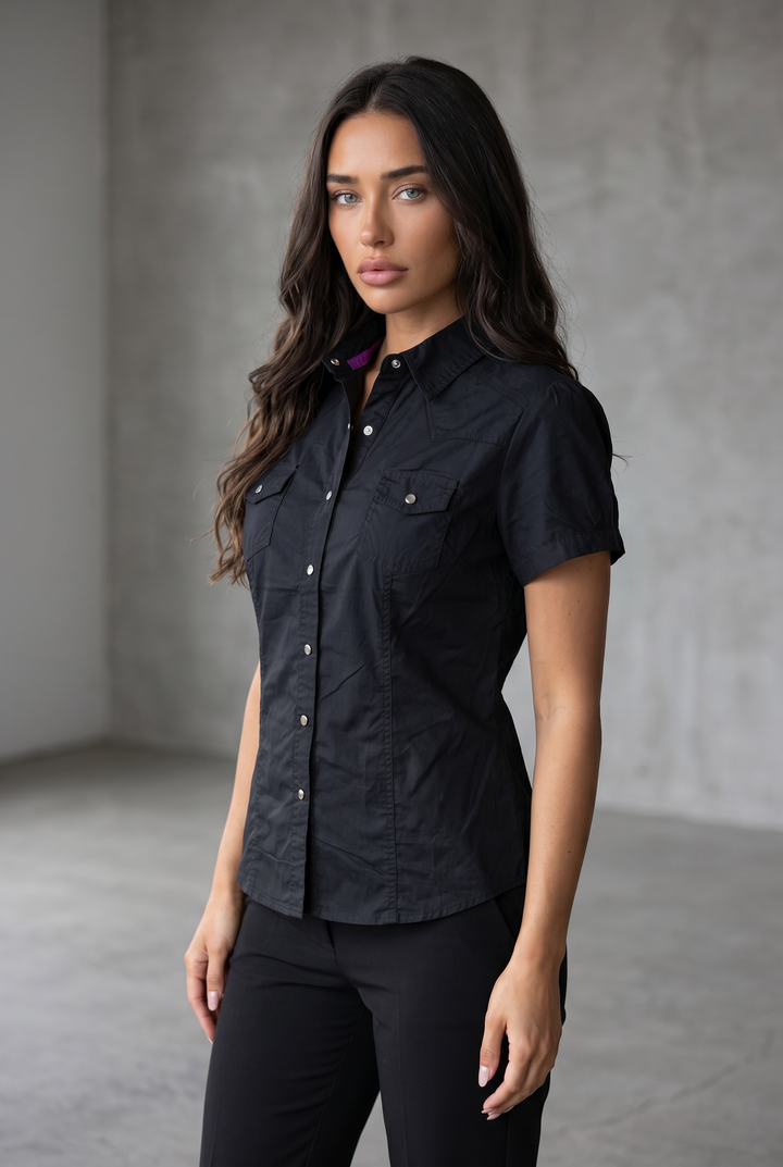 Tailored Short Sleeve Button Down Shirt – Fitted Utility Blouse
