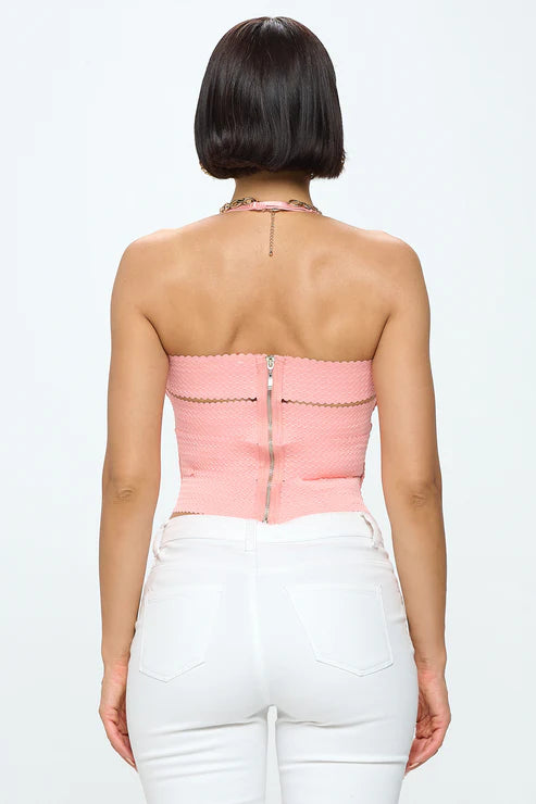 Pink Zig Zag Bandage Crop Tube Top by Bella Moda Latina featuring a fitted, strapless design and bold zigzag pattern.
