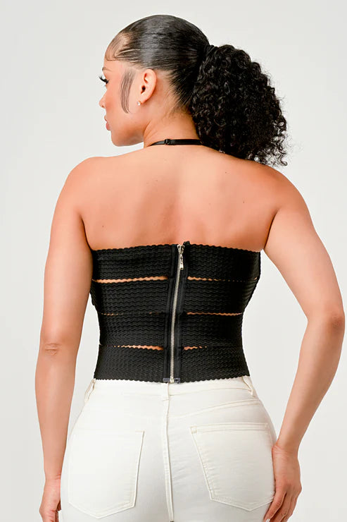 Bella Moda Latina zig zag bandage crop tube top in black, featuring a fitted design and strapless style.
