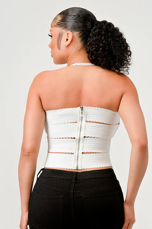 Bella Moda Latina zig zag bandage crop tube top in black, featuring a snug fit and stylish design.