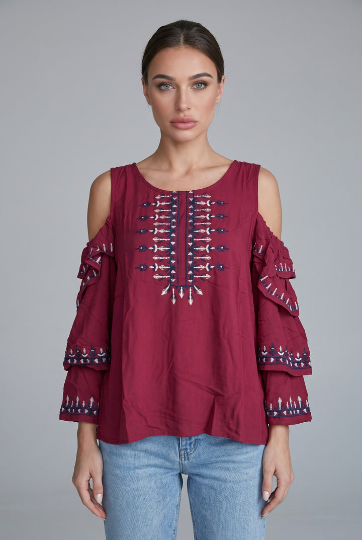 Embroidered Cold Shoulder Boho Blouse