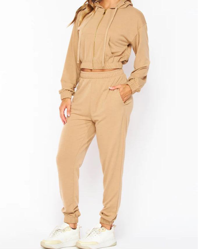 Bella Moda Latina French Terry cropped zip-up hoodie and jogger set, full view of two-piece loungewear ensemble.