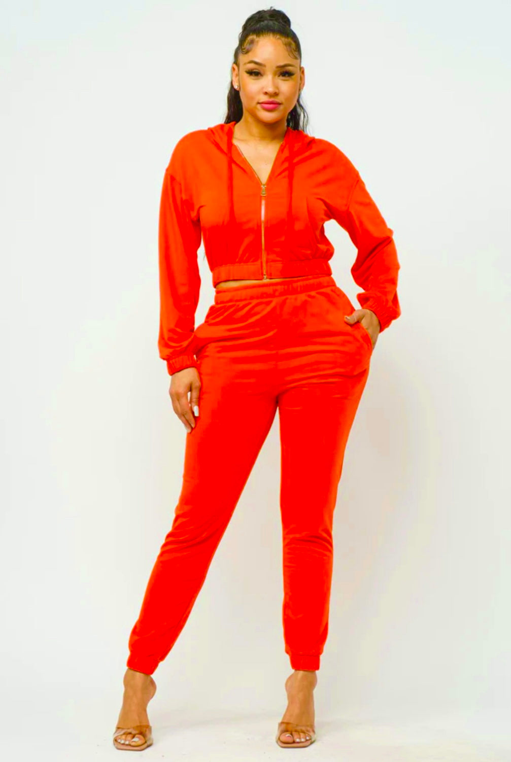 Bella Moda Latina French Terry cropped zip-up hoodie and jogger set, showing the full two-piece casual athletic outfit.